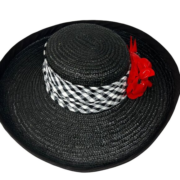 Whittall & Shon Womens Black‎ Wide Brim Hat Red Floral Derby Event - Picture 5 of 11